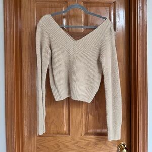 Off the shoulder tan sweater
